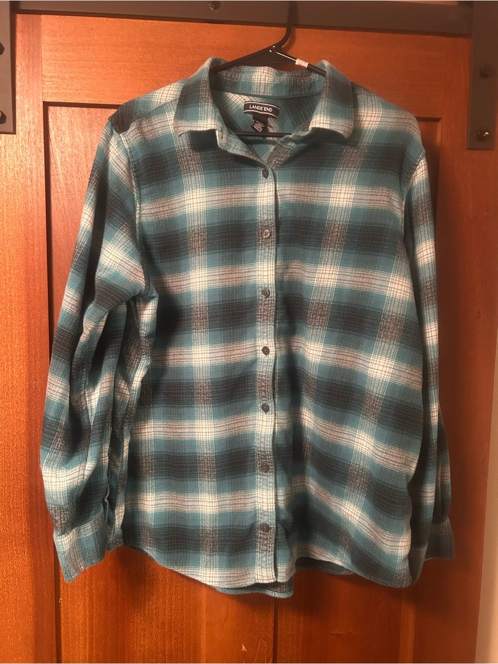 Lands' End Teal Plaid Button-Down Shirt